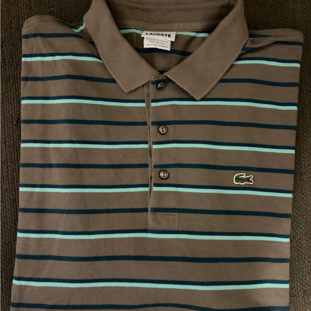 Lacoste Men's Polo Shirt in Brown with Blue Stripes